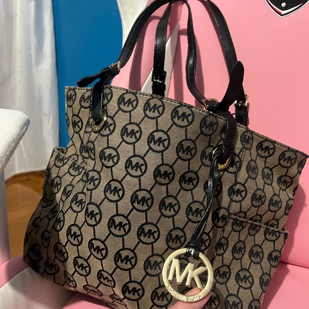 Michael Kors Black and Tan Logo Tote black brown
